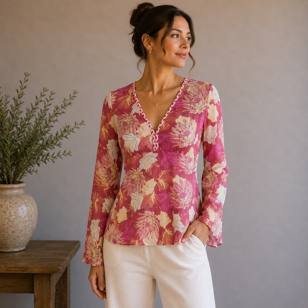 Lucky Brand PInk Floral Vintage Y2K Babydoll Top Medium
